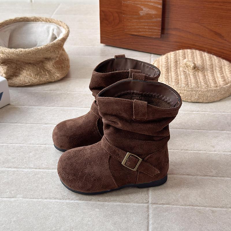 

New autumn and winter children s Korean-style Melard color pleated stacked boots, vintage versatile girls double-layer cotton Martin boots 23 коричневый