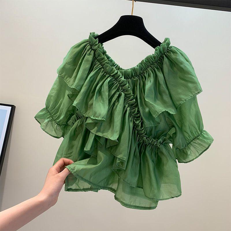 Bluză cu mânecă scurtă cu volane Top scurt de vară cu decolteu în V Cămașă verde