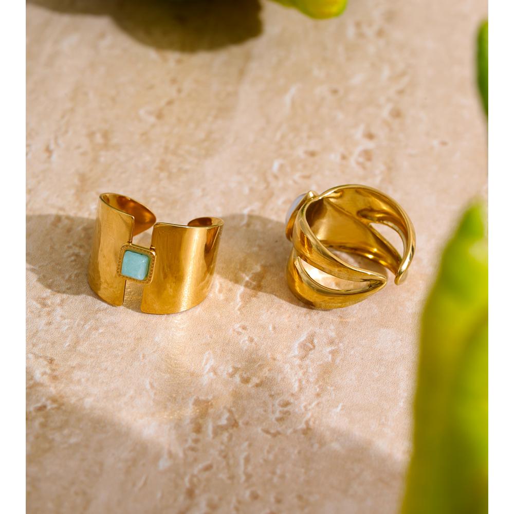 Eetit Natural Amazon Stone Pearl Open Golden Cast Ring for Women Glossy Stainless Steel Charm Jewelry Tarnish Resistant