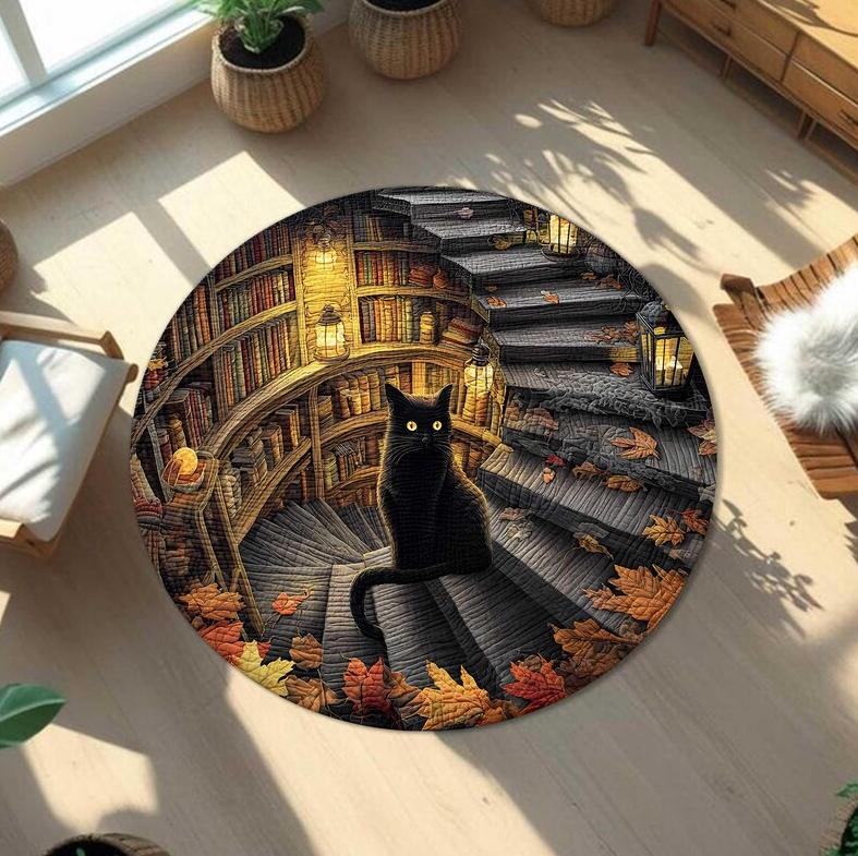 Vintage Fantasy Round Carpet Spiral Staircase Bookshelf Black Cat Design Rug Anti-slip Water-absorbing for Living Room Bedroom