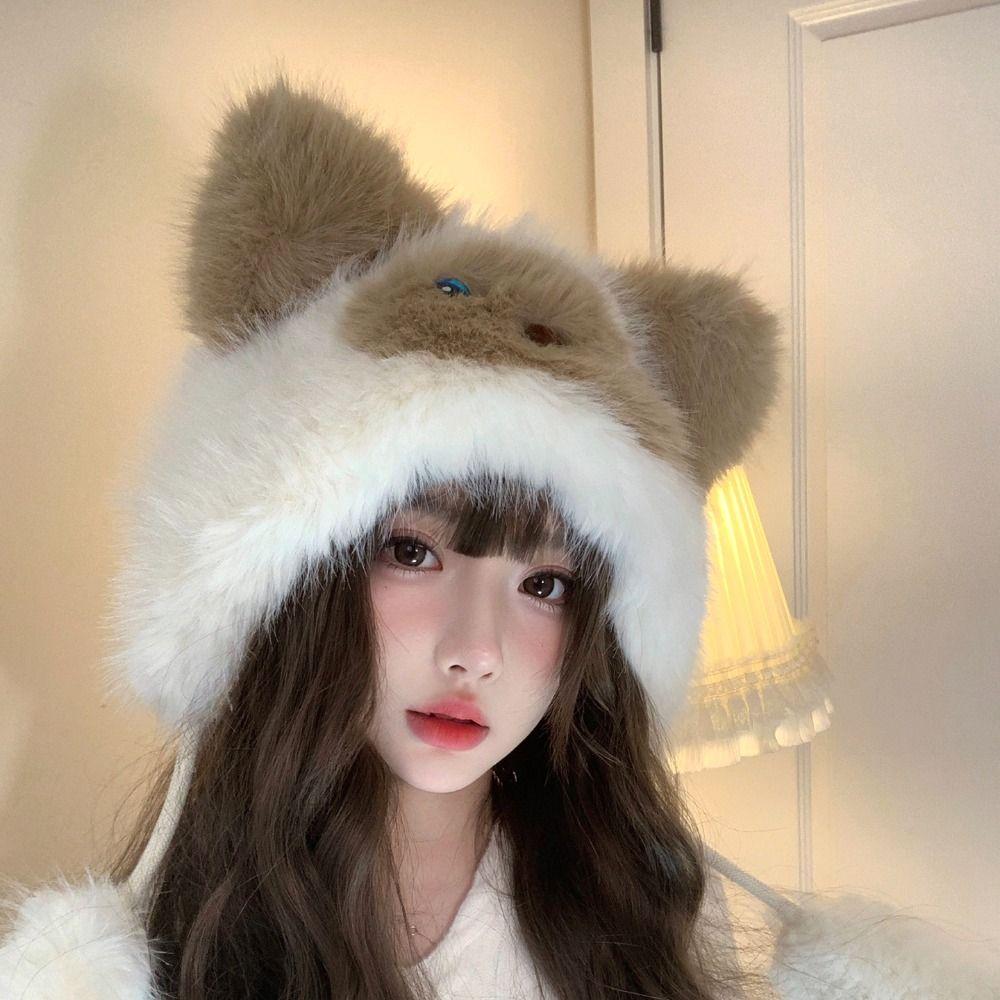 Thicken Fluffy Pullover Cap Soft Woolen Hat Winter Animals Ears Beanie Hat  Skiing