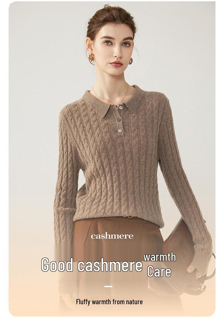 2026 Autumn/Winter Women's Slimming Cable Knit Cashmere Polo Neck Sweater