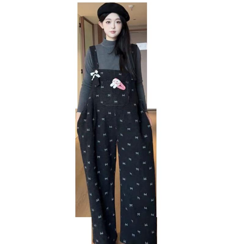 

Women s Sweet Bow Overalls with Base Layer - Autumn/Winter Two-Piece Set M (90-110 lbs)