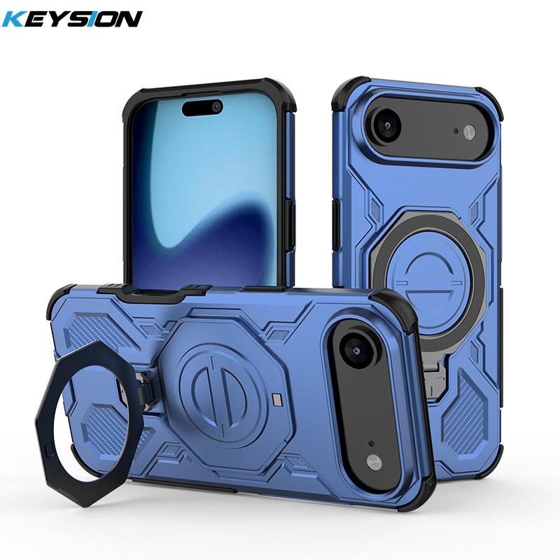 KEYSION Shockproof Magnetic Case for iPhone 17 Pro Max TPU+PC Upright Live Metal Ring Stand Phone Back Cover for iPhone 17 Air