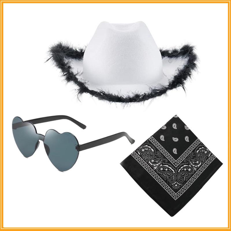 Solid Pink Feather Cowboy Hat with Heart Glasses & Paisley Scarf Set Cowboy Hat Set