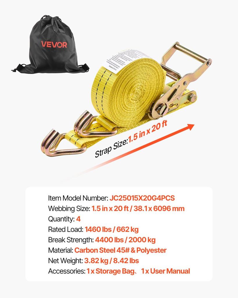 Ratchet Straps, 38.1 mm x 6.1 m, Heavy Duty Tie Down Straps with Double J Hook, 2000 kg Break Strength, Carry Bag, Tie Down Ratcheting for Moving,