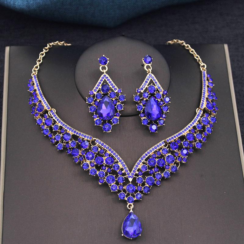 Wspaniałe Królewsko Niebieskie Kryształowe Zestawy Biżuterii Ślubnej Kolorowe Tiary Kolczyki Naszyjniki Zestaw dla Kobiet Suknia Ślubna Korona Zestaw Biżuterii