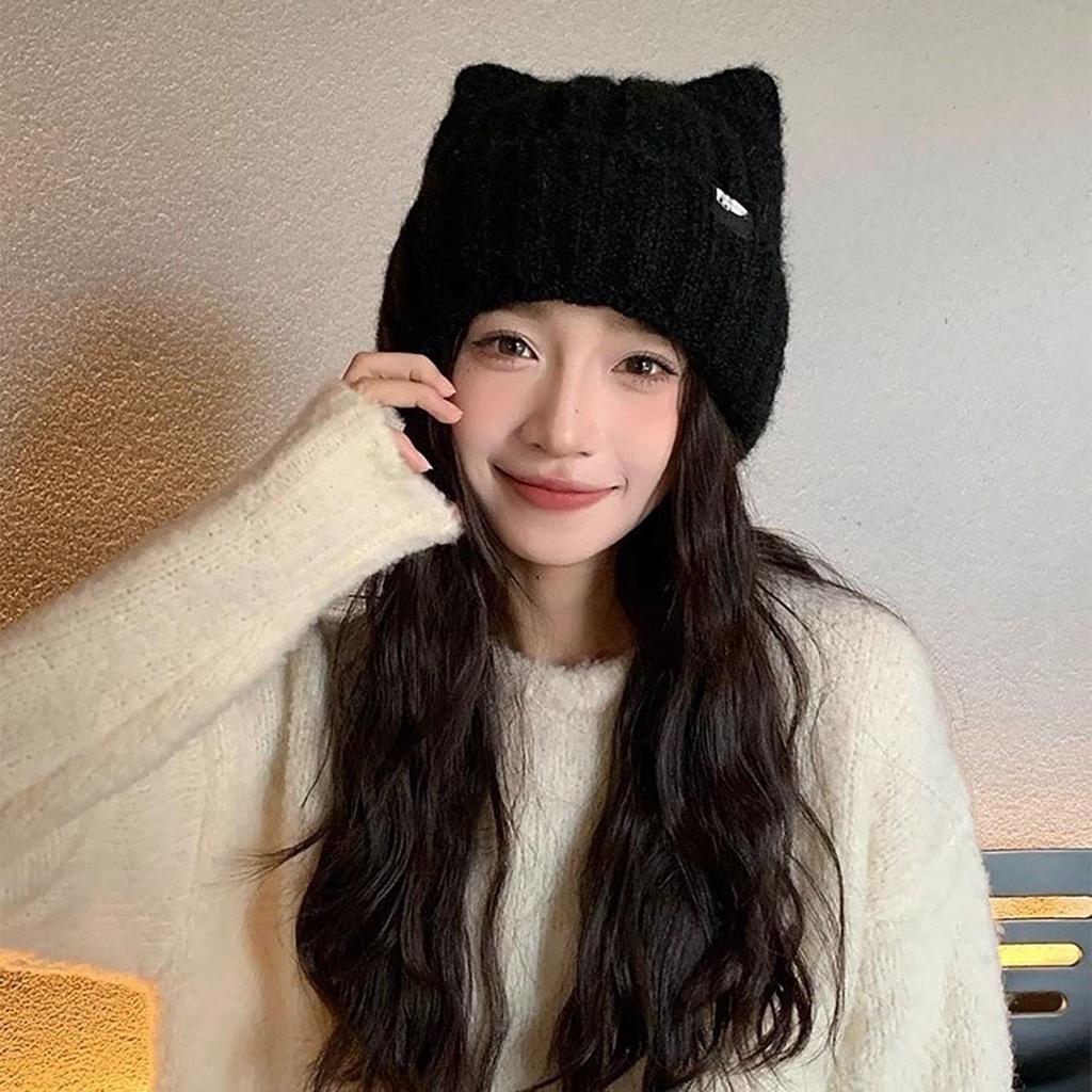 Cartoon Cat Ears Beanies Cap For Women Winter Thickken Plush Warm Knitted Skullcaps Solid Color Cold-proof Snow Pullover Hats