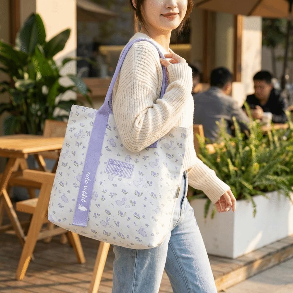 New Rabbit Canvas Bag Floral Cartoon Shoulder Bag Large Capacity Versatile Tote Bag Work
