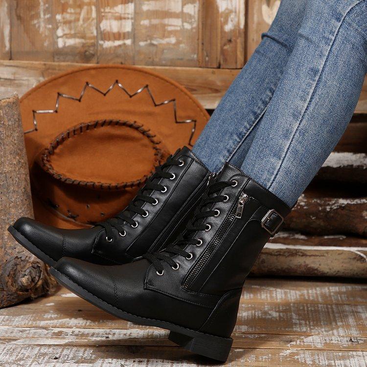 Large size women's boots autumn and winter new belt buckle low heel Martin boots medium boots women