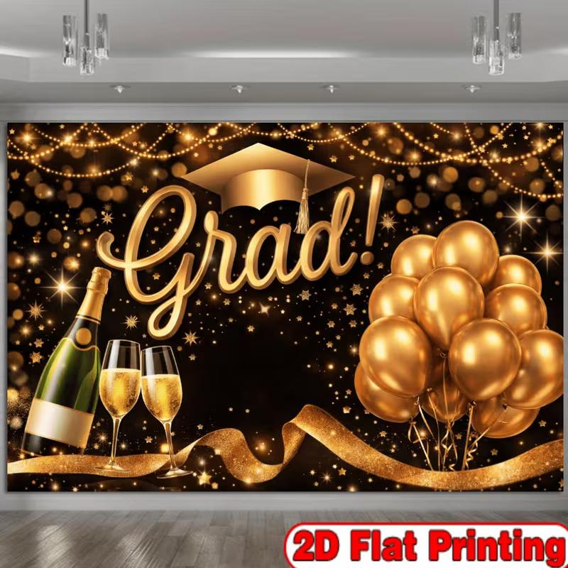 2D Graduation Background, Elegant Black Gold Grad Party Decor Banner with Grad Cap and Champagne for Photoshoot