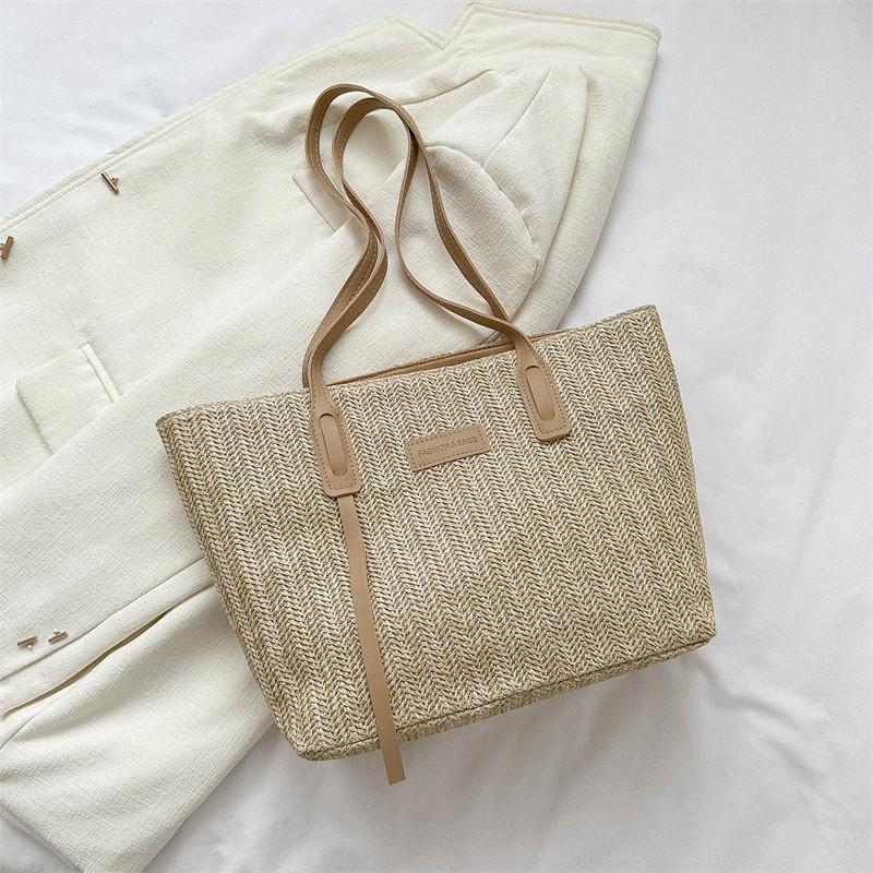 Elegant Beige And Khaki Woven Tote Bag For Women Great For Casual Daily Outfits Khaki