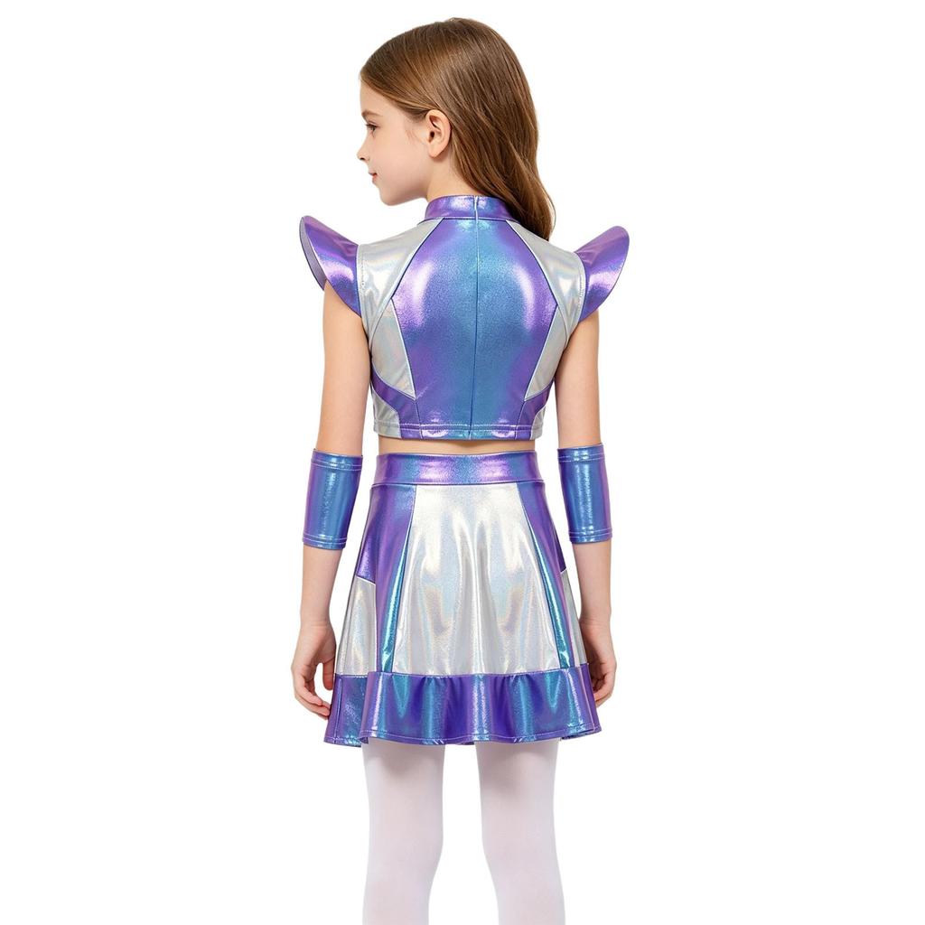Girls Halloween Alien Cosplay Costume 3 Pieces Cap Sleeve Glossy Metallic Short Top Skirt Oversleeves