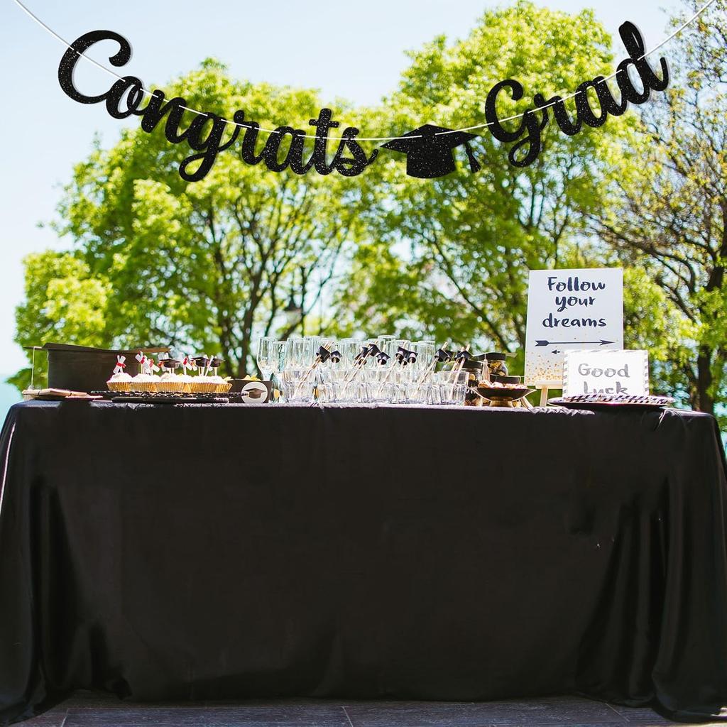 Pre-Strung Congrats Grad Banner - Black Glitter Graduation Party Banner with Cap, Congratulations Graduate Decor, High School College Graduation