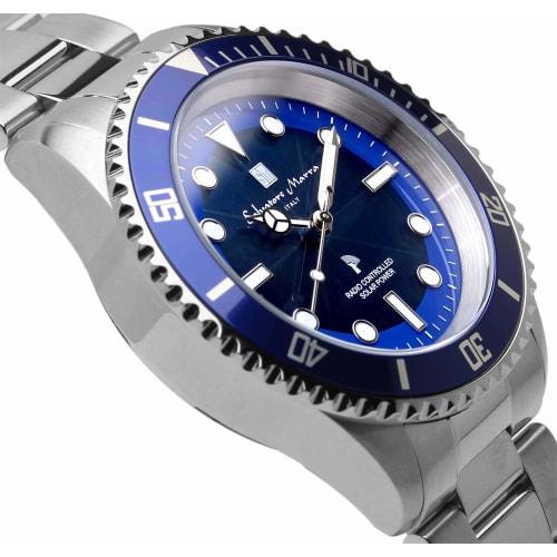 Salvatore Marra Men's Watch, Radio-Controlled Solar, Unidirectional Rotating Bezel, 10 ATM Water Resistance, Silver and Blue, SM22110-SSBL