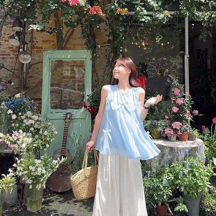 2026 Stylish Women's Summer Embroidered Bowknot Vest - Solid Color, Round Neck, Loose Fit
