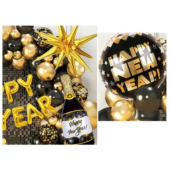 2026 New Year Decoration Black Gold Silver Latex Balloons Foil Letter Balloon Banner Set for New Years Eve Prom Party Supplies