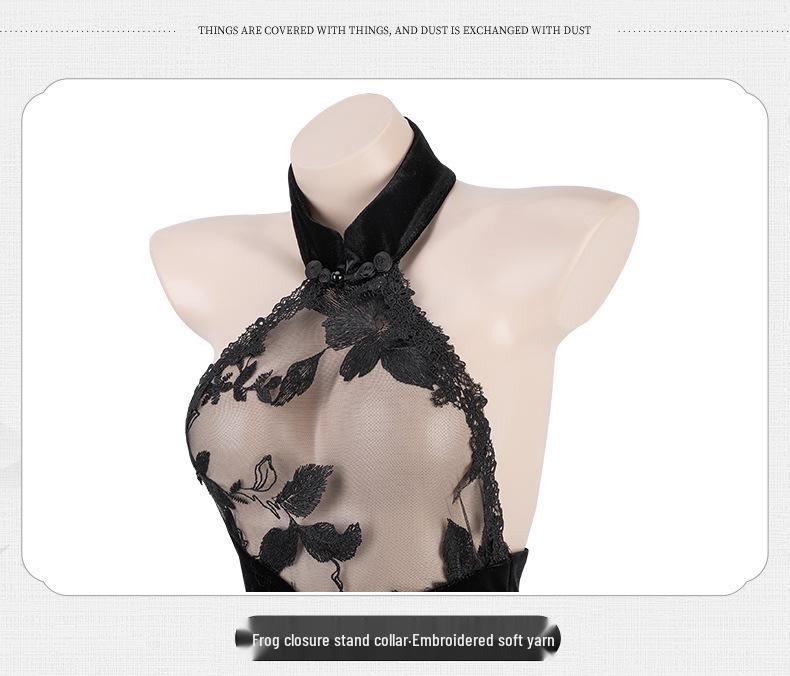 Lace Embroidered Backless Velvet Cheongsam Set