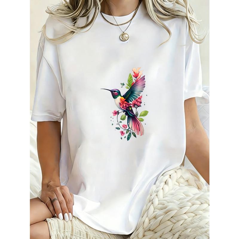 Oversized T Shirt Dress Black Hummingbird And Flowers Print Casual Wear