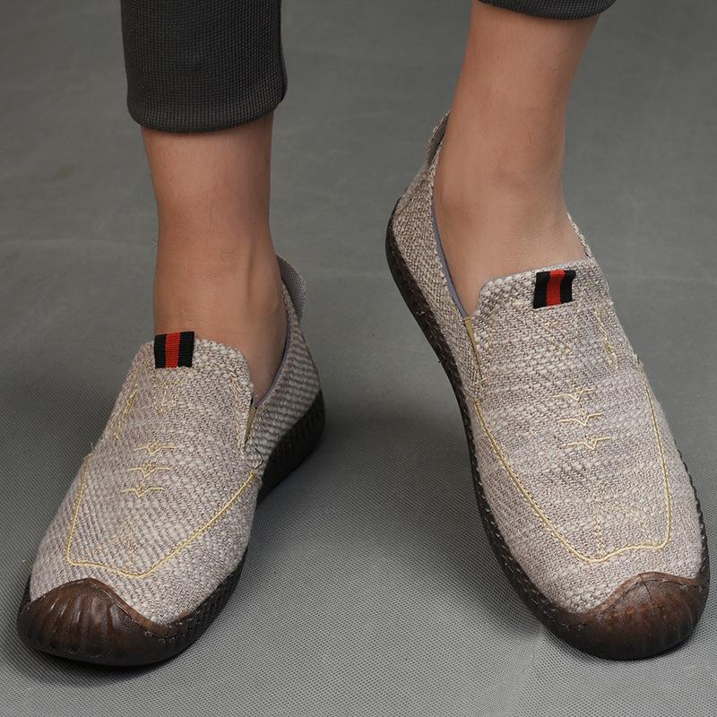 Men's Breathable Canvas Slip-On Shoes, Soft Cowhide Sole, Linen Low-Top Moccasins for Driving and Casual Wear