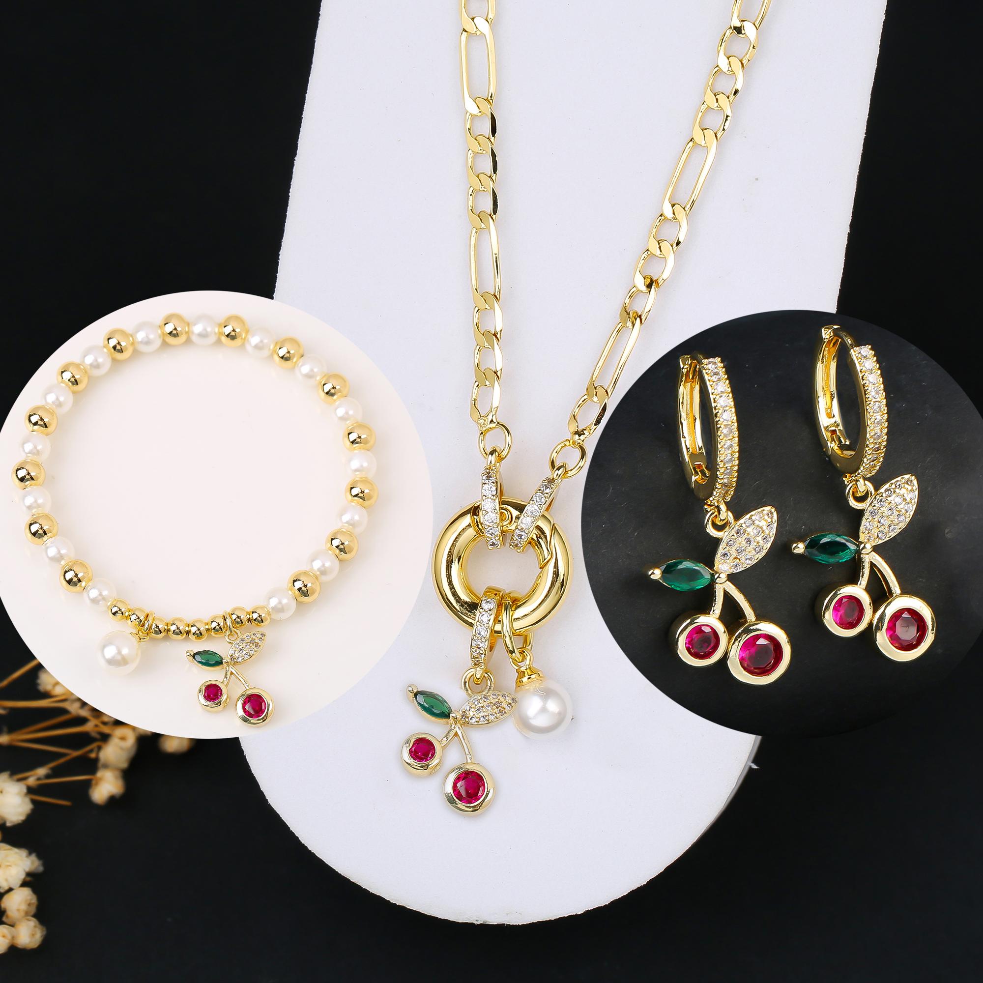

3pcs Hot Sale Shiny Zirconia Crystal Cherry Necklace Bracelet Earrings Zircon Set Fashion for Woman Girl Wedding Lucky Zircon