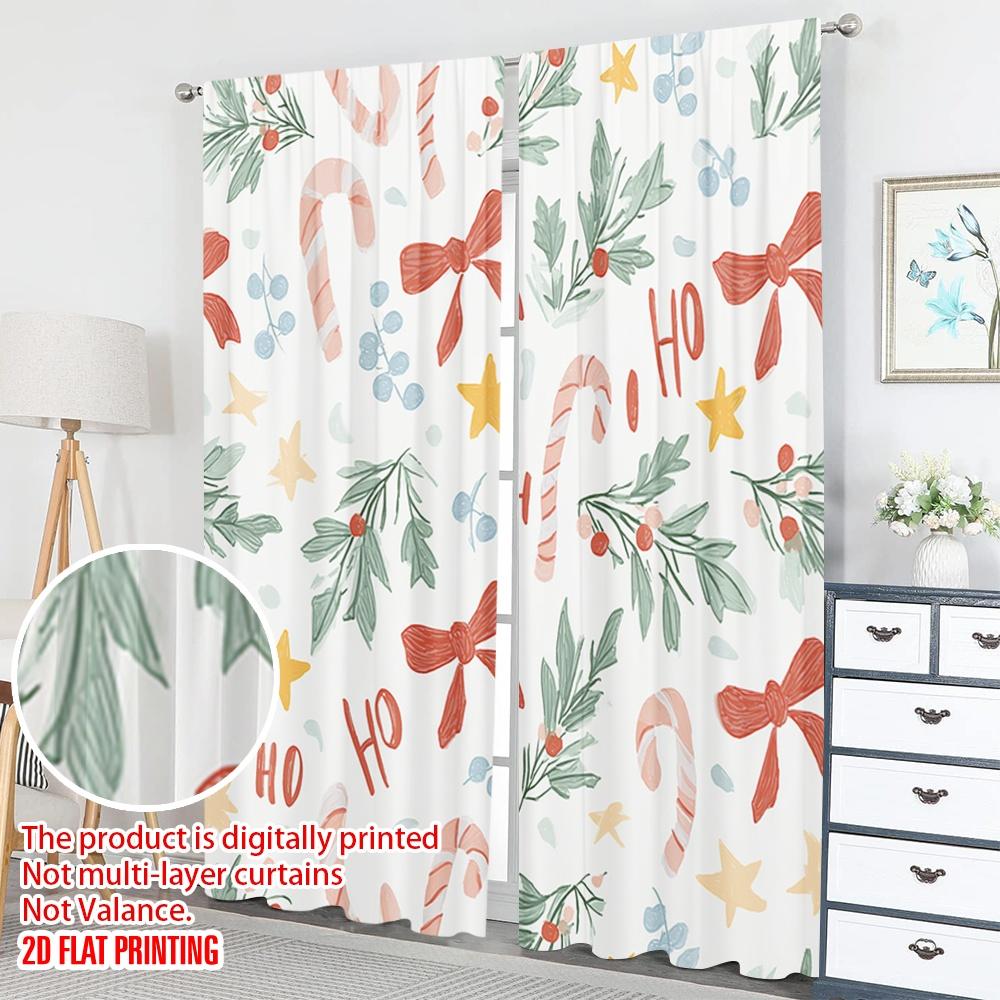 Set Of 2 Flat Printing Happy Christmas Party Curtains Mistletoe Candy Cane Ho Digital Printed Polyester Drapes Holiday Curtain