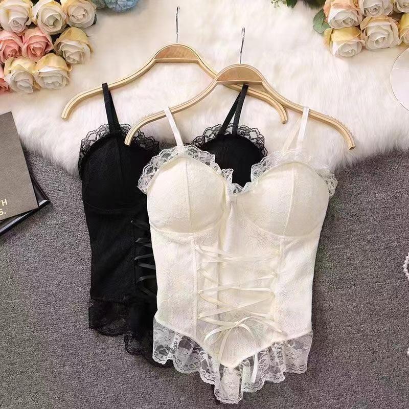 Kleidung Blusen Sexy Crop Tops Damen Korsett Spitze Bandage T-Shirt Camisole Damen Träger Tanktop Mode Ärmellose Weste