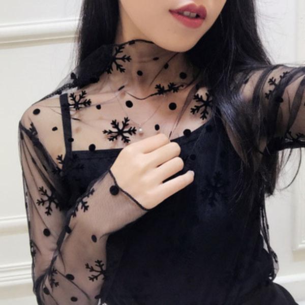 Women Mesh Top With Nylon Fabric Long Sleeve Sheer Lace Shirt For Spring Summer Fashion