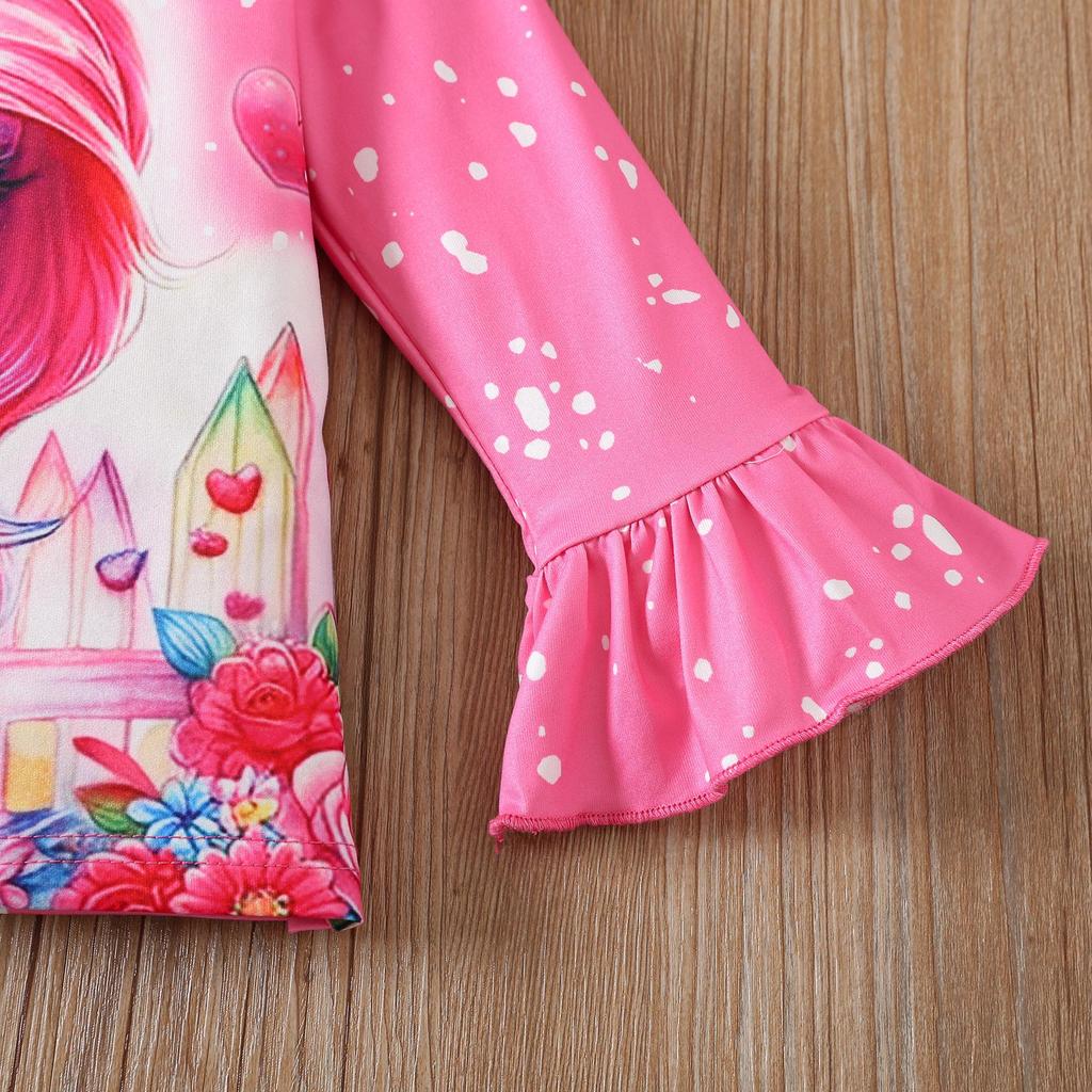 Kids Girls Fashion Clothing Set Spring Autumn Tie Dye Printed Cartoon Pegasus Pullover Flower Flared Pants Two Piece Outfit