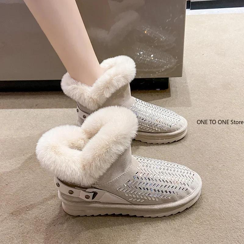 Fashion High Platform Shoes Winter Snow Boots Slip-on LazySeal Warm Real Mink Fur Shoes Women Luxury Crystal Hand Stitching Leather Boot