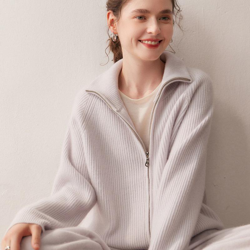 2025 Autumn/Winter Thick Double Zipper Cashmere Knit Cardigan for Women - High Collar Ribbed Long Sleeve Outerwear