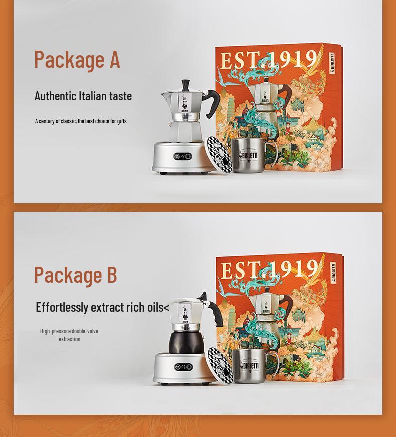 Bialetti Steam Age Moka Pot Gift Set: Single/Double Valve Hand-Pour Coffee Maker