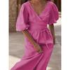 Spring Summer New Solid Color Sexy Slit Puff Sleeve Tie Waist Elegant Dress For Women European American Style