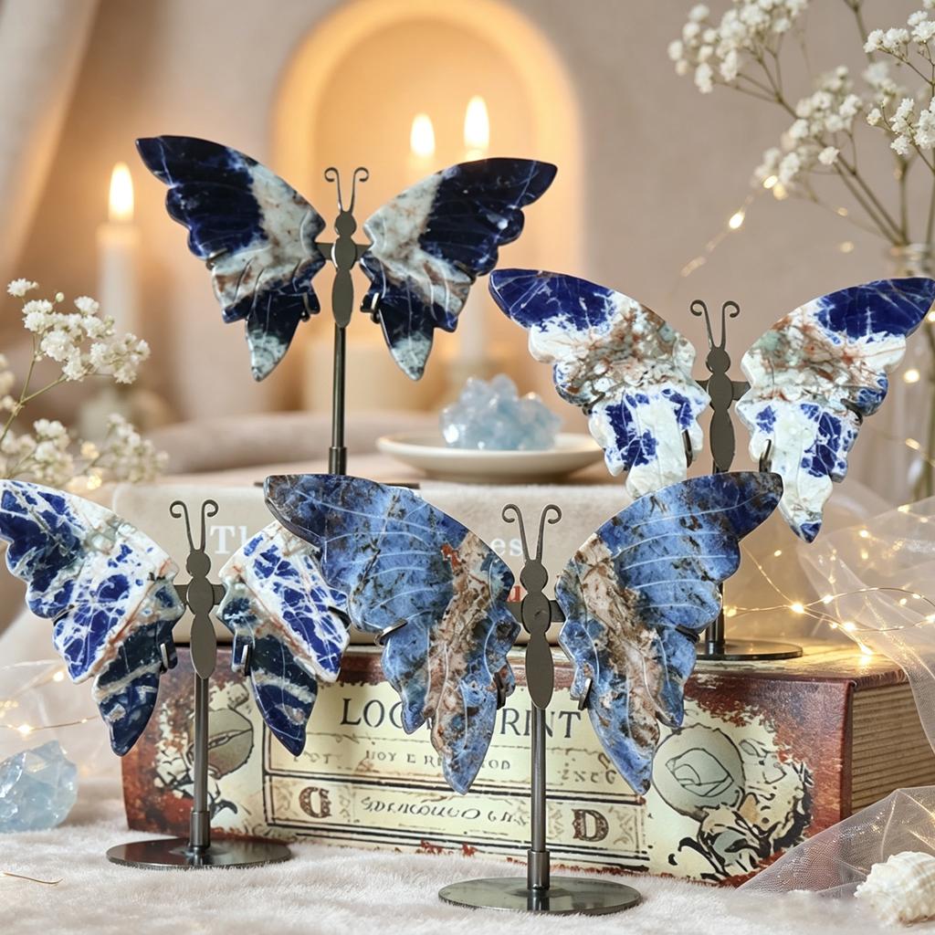 Farfalla di Cristallo Naturale con Supporto Quarzo Curativo Pietra Blu Venata Ali di Farfalla Decorazione per la Casa