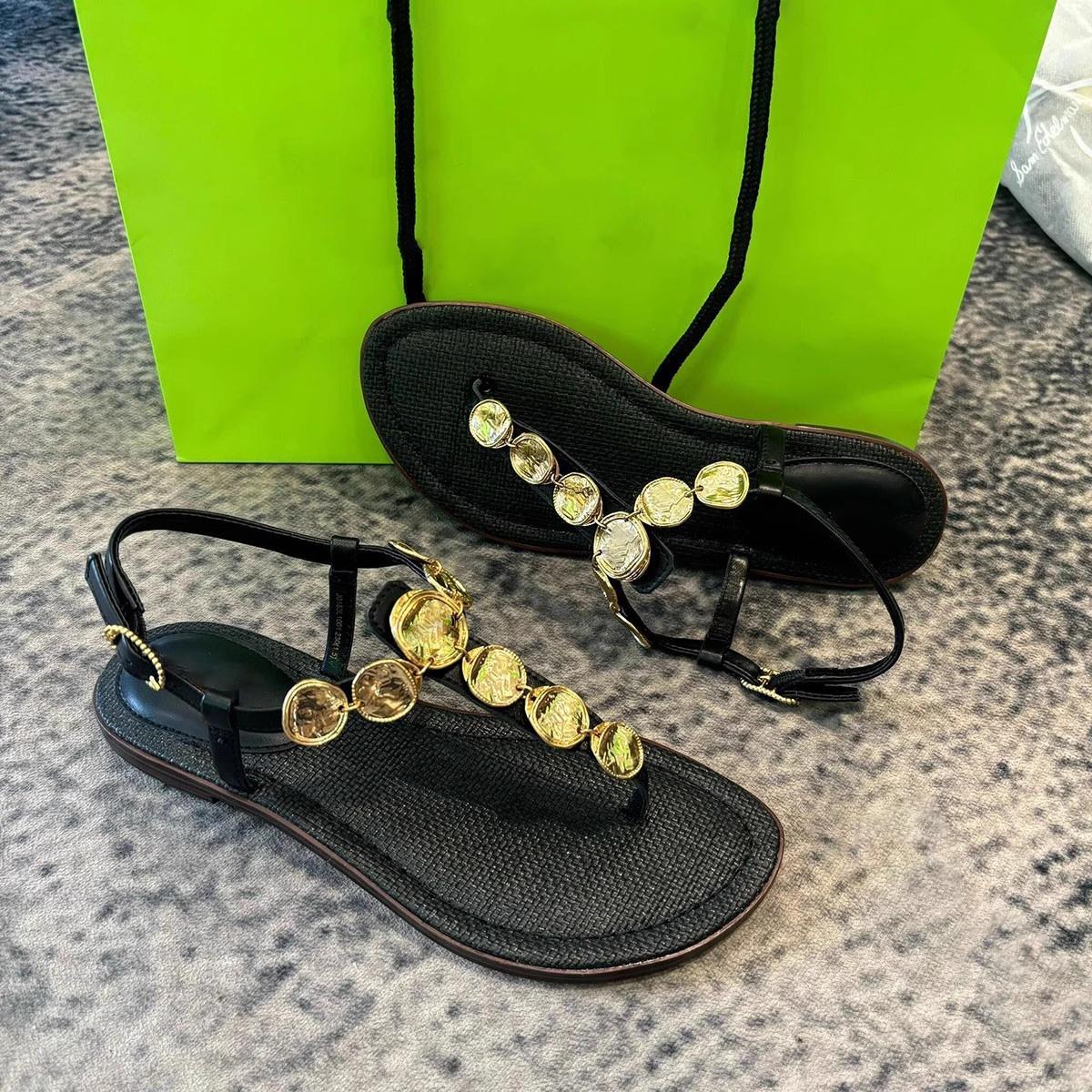 

Sheepskin version~ High-end gold coin toe herringbone cool slippers women s summer wear fashion flat-bottomed beach Roman sandals 40