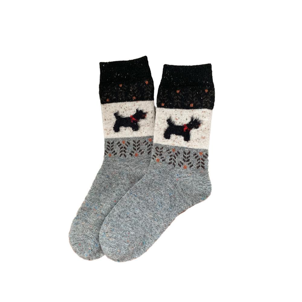 Ich Herbst- und Winter-Cartoon-Farbblock-Hund-Mädchensocken, Verdickte Wollsocken, Warme Socken, Wadenlange Socken, Retro-Outfits