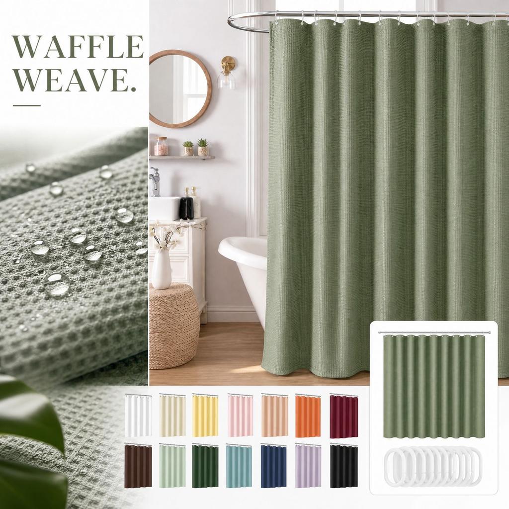 Shower Curtain with 12 Plastic Hooks, 180 cm, for Bathroom and Window