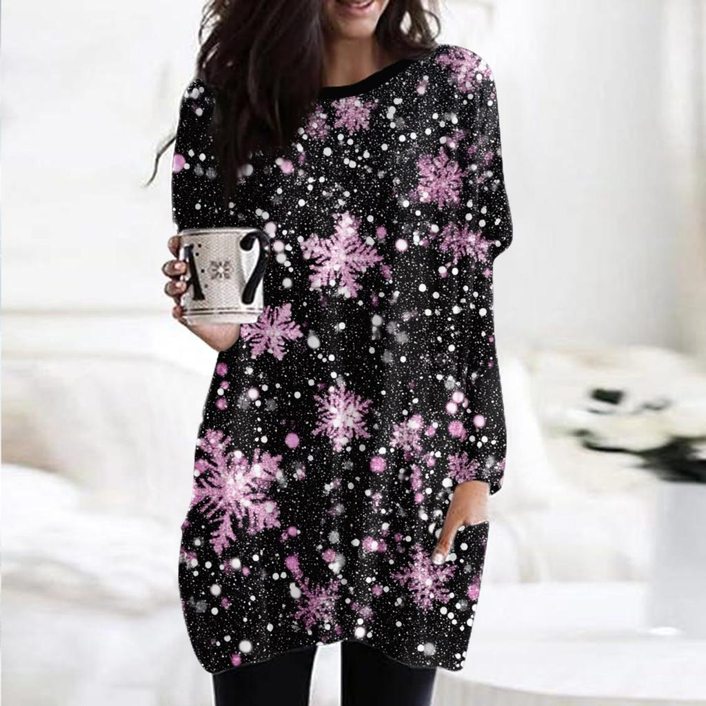 Dámská móda ležérní tričko s vánočním potiskem s kulatým výstřihem a dvojitou kapsou s dlouhým rukávem