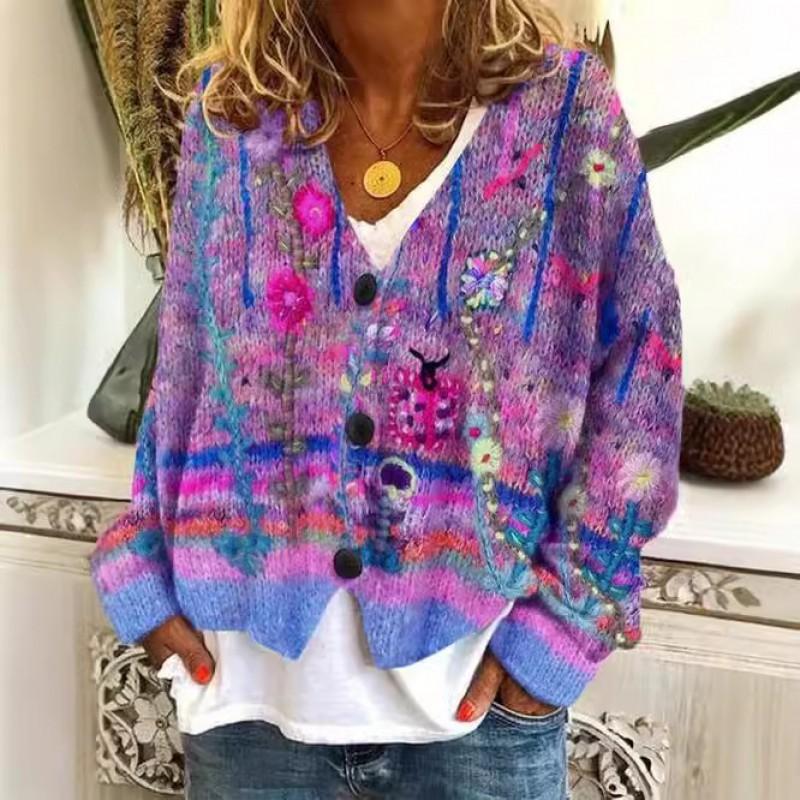 Womens Christmas Print V-Neck Open Front Cropped Long Sleeve Knit Sweater Loose Fit Casual Style