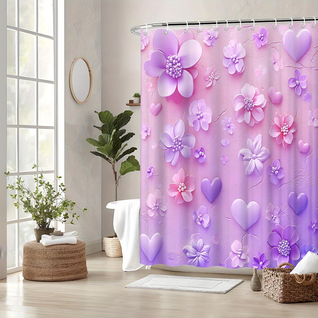 Dreamy Pastel Floral & Heart Bath Curtain - Romantic Digital Print, Polyester,Machine Washable, Stylish Bath Accessory