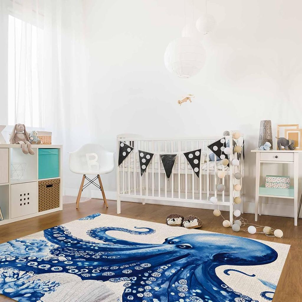 Marine Animal Washable Area Rugs Octopus Coral Shell Linen Texture Non Slip Rugs for Living Room Bedroom, Low Pile Floor Mat