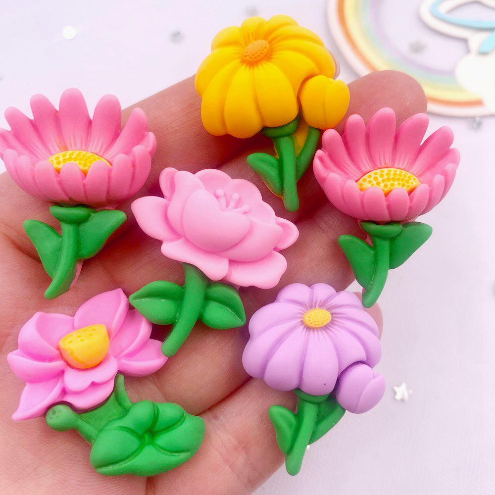 Resin Kawaii Colorful Painted Lotus Dandelion Epiphyllum Flatback Stone Scrapbook Figurine 10PCS DIY Bow Decor Accessories Craft
