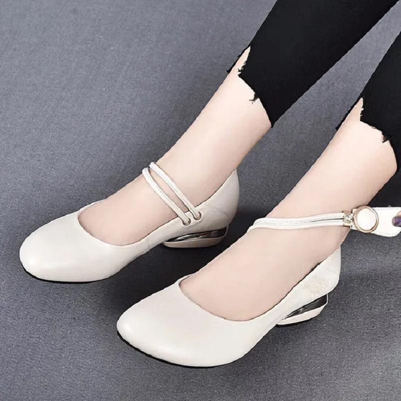 women cute sweet black round toe buckle strap square heel shoes for office career lady casual beige spring shoes ab616