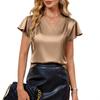 Summer New V-Neck Chiffon Pleated Loose Short-Sleeve T-Shirt for Women, Casual Solid Color Top