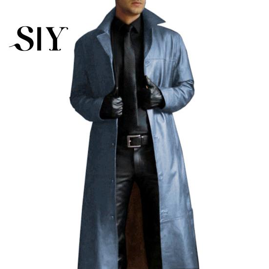 Button Breast Men Jacket Turn-down Collar Smooth Solid Color Faux Leather Windproof Streetwear Slim Fit Long Sleeve Trench Coat Fall