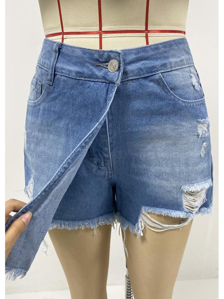 2025 Summer Light Blue Women's Denim Ripped Skirt Shorts