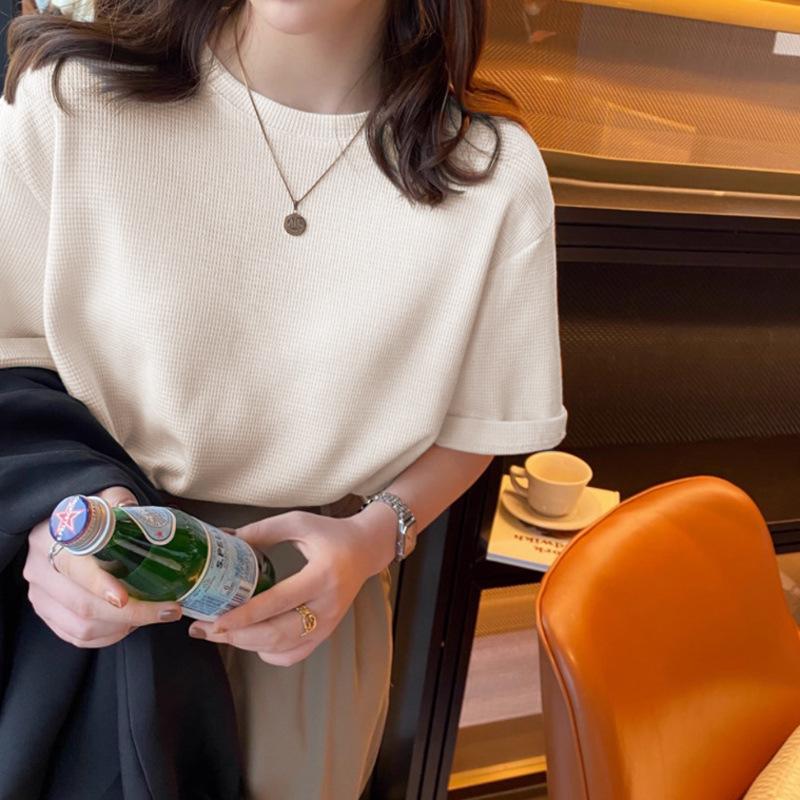 

Женская однотонная футболка с коротким рукавом и вафельным узором - Летняя свободная посадка