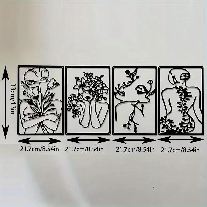 

4 шт. Минималистское настенное искусство из металла - Абстрактные рисунки женских фигур. Идеально подходит для спальни, ванной комнаты, гостиной. Черный декор дома. чёрный