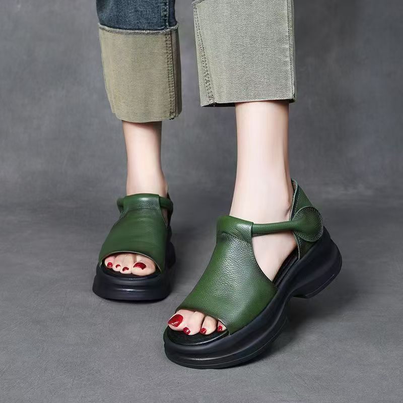 Sandale de Damă din Piele Decupate cu Talpă Groasă și Vârf Decupat, Noi de Vară, Retro, care Măresc Înălțimea, Sandale de Plajă pentru Exterior, Sandale Pană