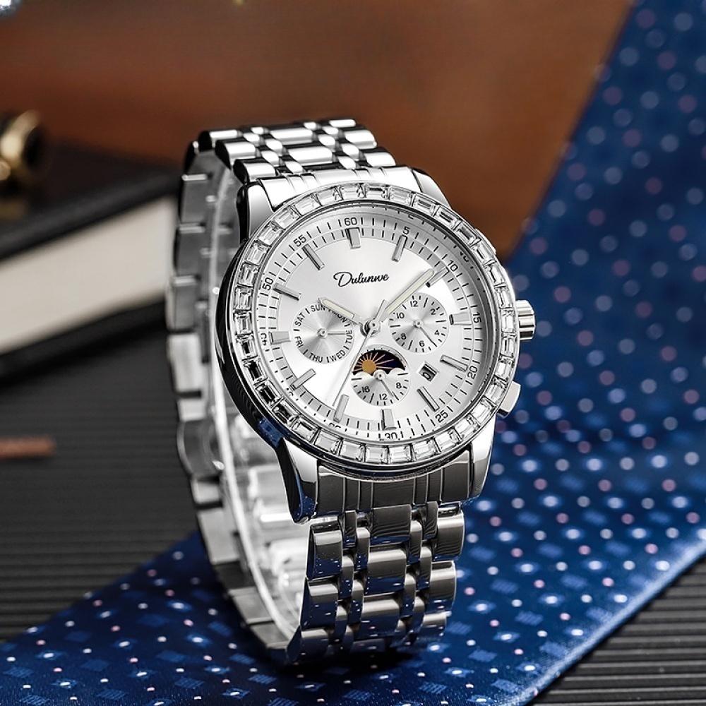 Dulunwe Luxus-Armbanduhr mit Mondphase, leuchtende Wochenkalenderanzeige, Uhren für Herren, modische Edelstein-Automatik-mechanische Uhr